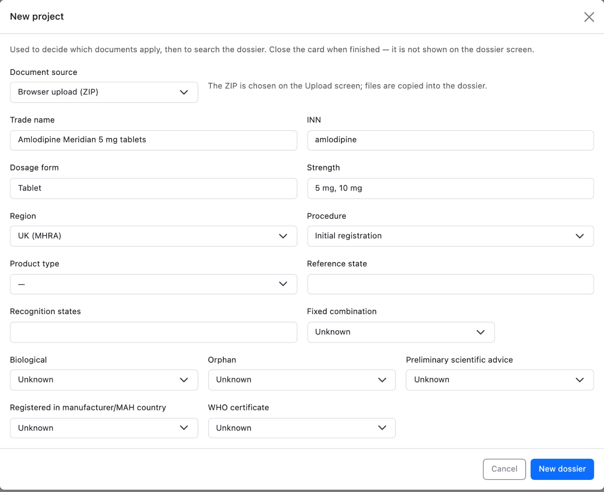 Dossier completeness assessment: new project card with product, region UK (MHRA), procedure and product-type questions