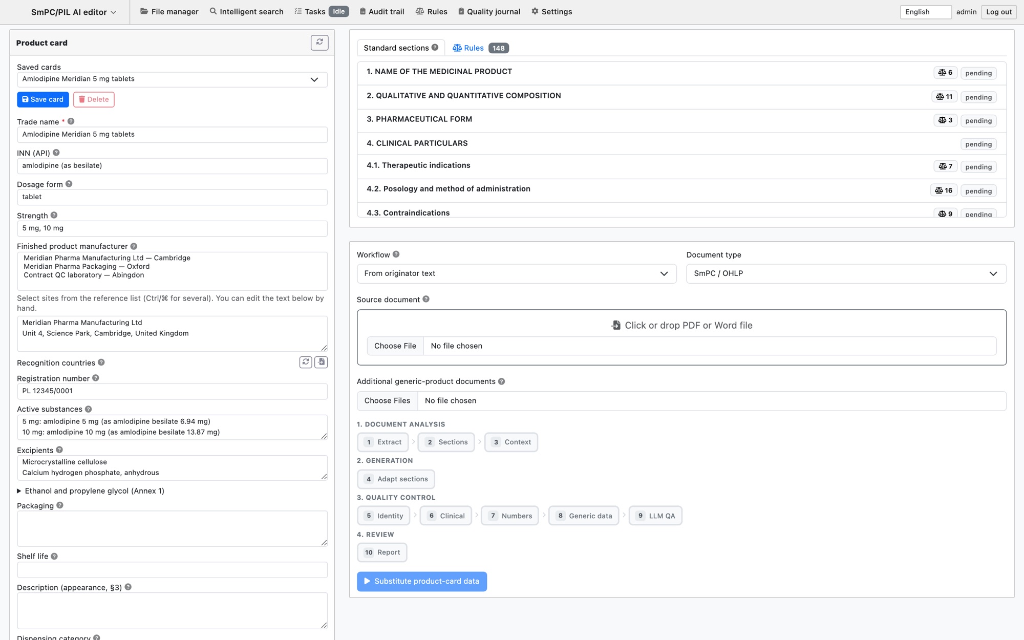 Oxford Expert SmPC/PIL AI editor with a product card, the standard SmPC sections and a ten-step generation and quality-control pipeline