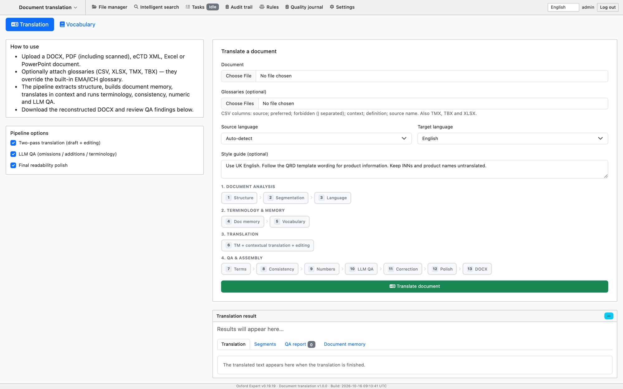 Document translation: upload, glossaries, language and style guide settings, and a 13-step pipeline from structure analysis to DOCX